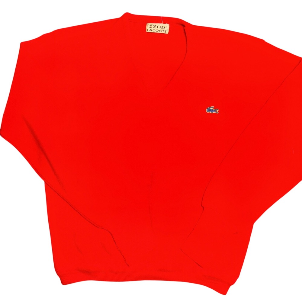 Vintage Izod‎ Lacoste Mens V-Neck Sweater Red Crocodile Logo Knit XL